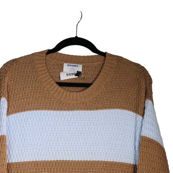 Old Navy Tunic Sweater Women Medium Blue Brown Colorblock Stripe Pretty Knit - Picture 2 of 5